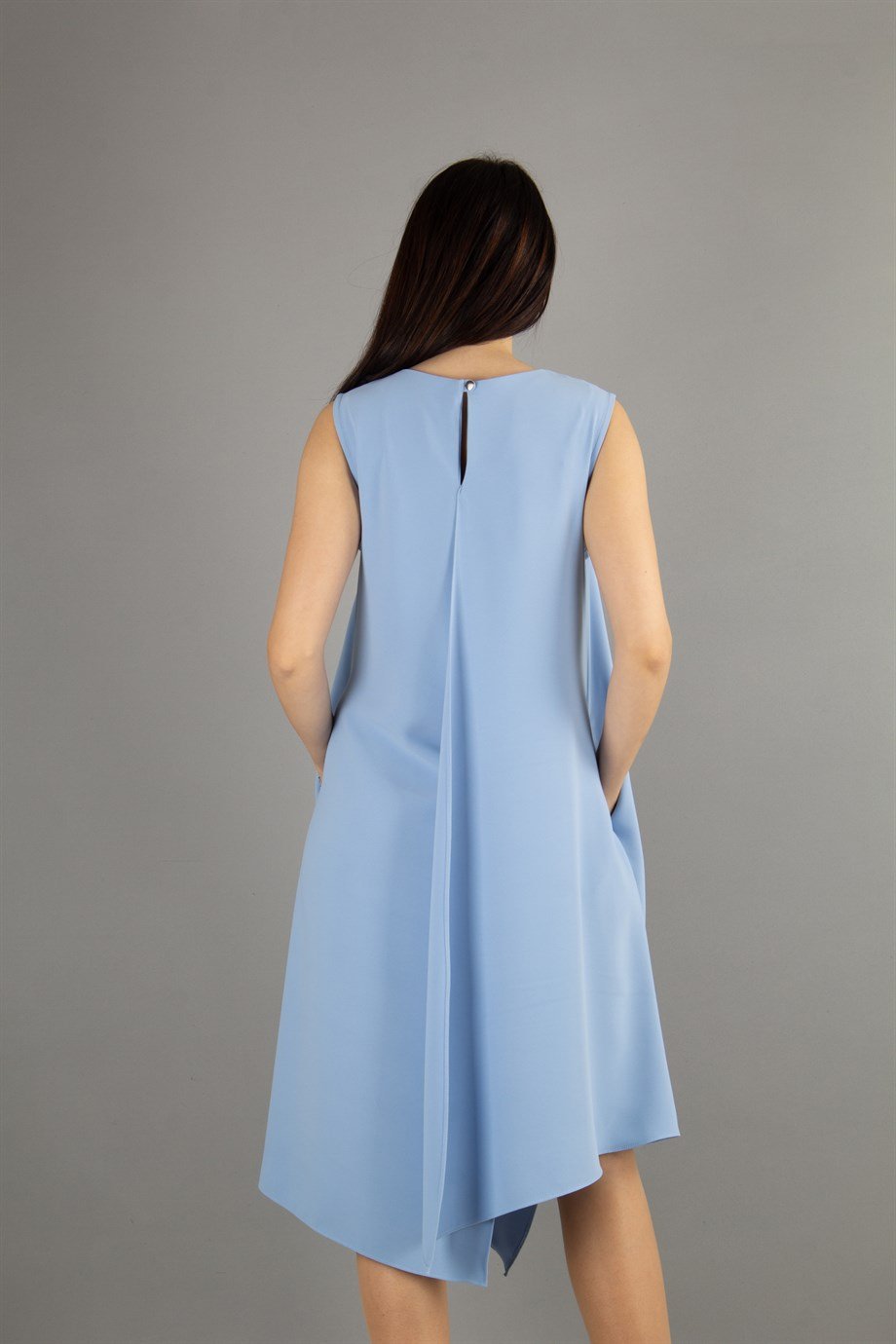 Brooch Collar Asymmetric Draped Dress - Baby Blue