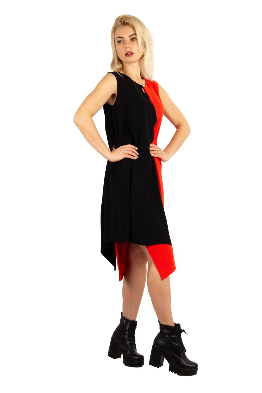 Brooch Collar Asymmetric Draped Two Tone Big Size Dress - Orange
