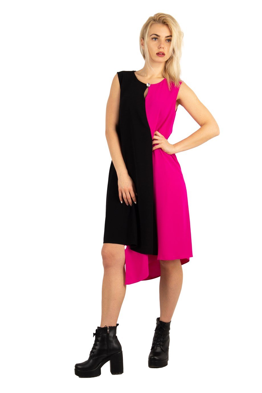 Brooch Collar Asymmetric Draped Two Tone Big Size Dress - Fuchsia