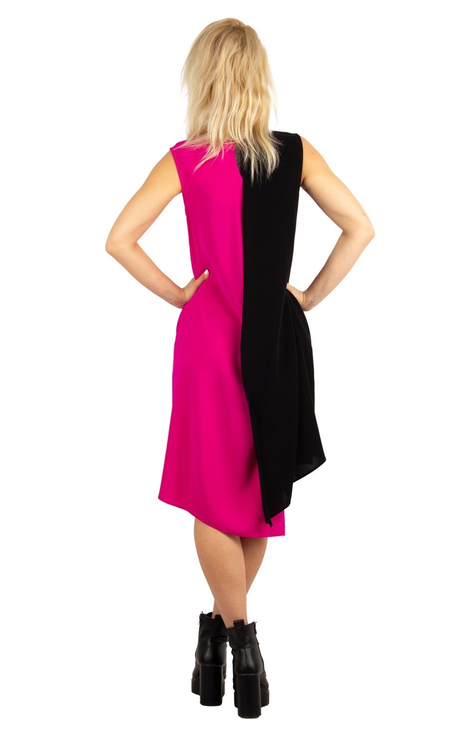 Brooch Collar Asymmetric Draped Two Tone Big Size Dress - Fuchsia