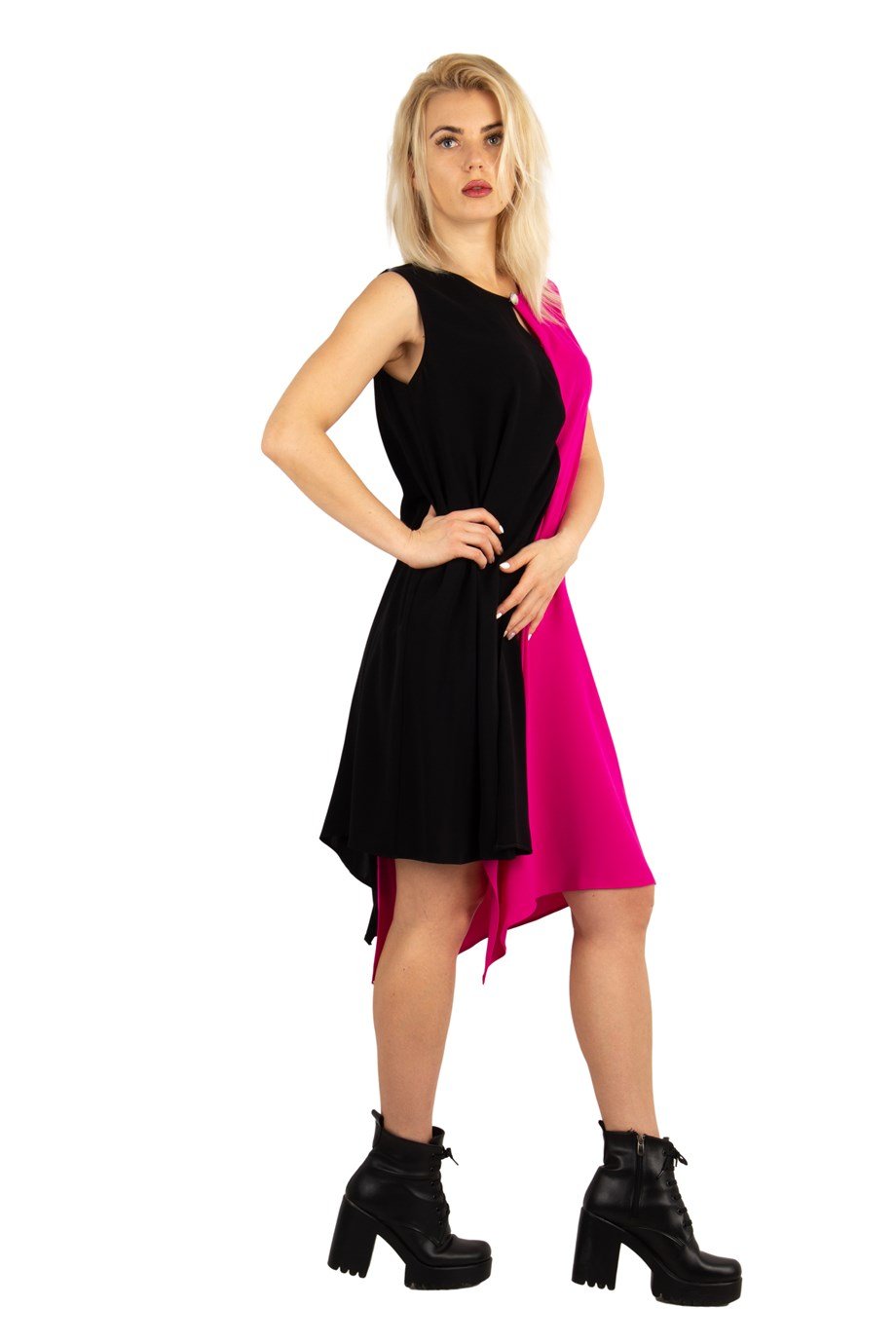 Brooch Collar Asymmetric Draped Two Tone Big Size Dress - Fuchsia