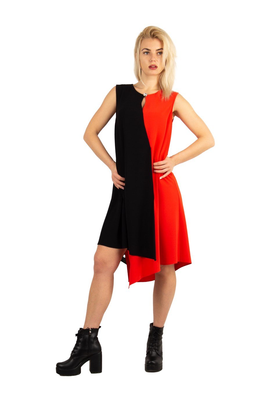 Brooch Collar Asymmetric Draped Two Tone Big Size Dress - Orange