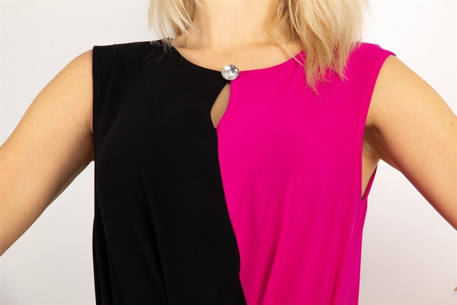 Brooch Collar Asymmetric Draped Two Tone Big Size Dress - Fuchsia