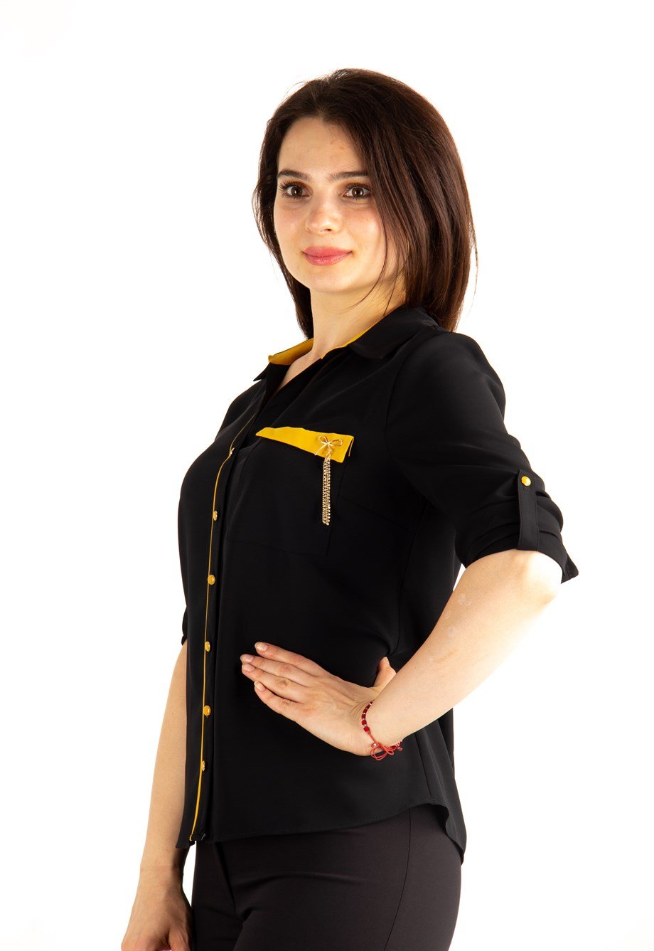 Brooch Detail Classic Big Size Shirt - Black