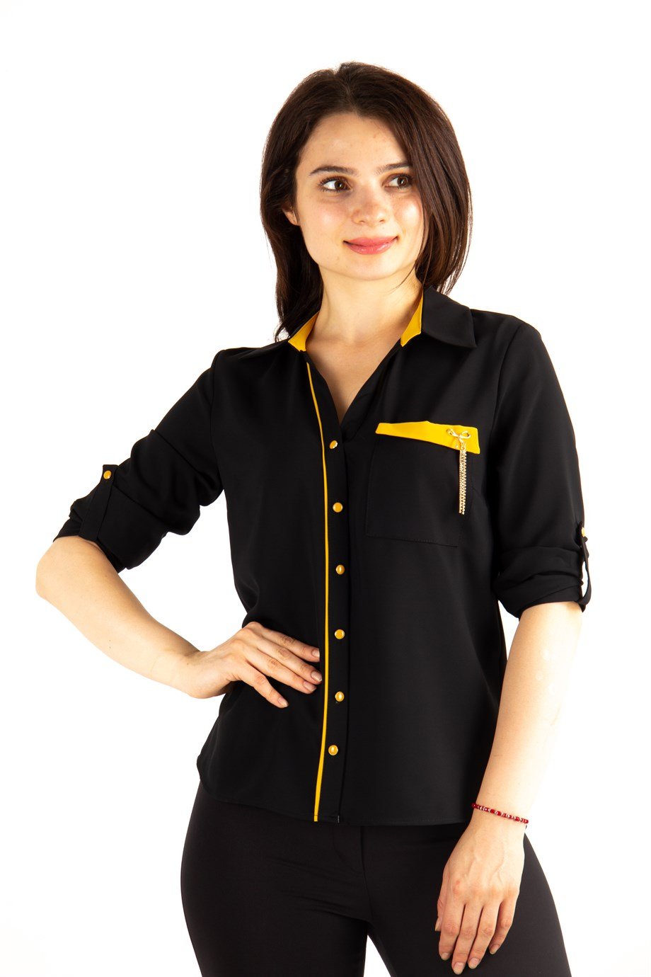 Brooch Detail Classic Big Size Shirt - Black