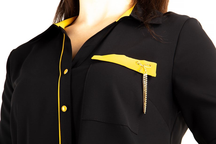 Brooch Detail Classic Big Size Shirt - Black