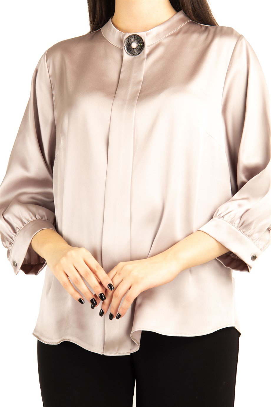 Brooch Detail Satin Blouse - Beige