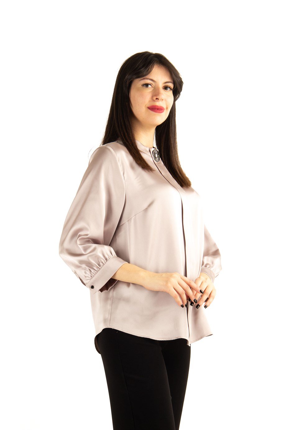 Brooch Detail Satin Blouse - Beige