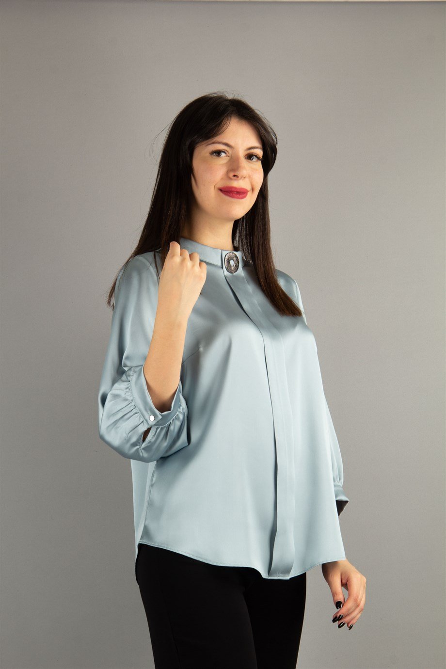 Brooch Detail Satin Blouse - Mint Green