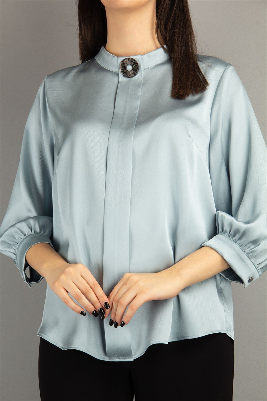 Brooch Detail Satin Blouse - Mint Green