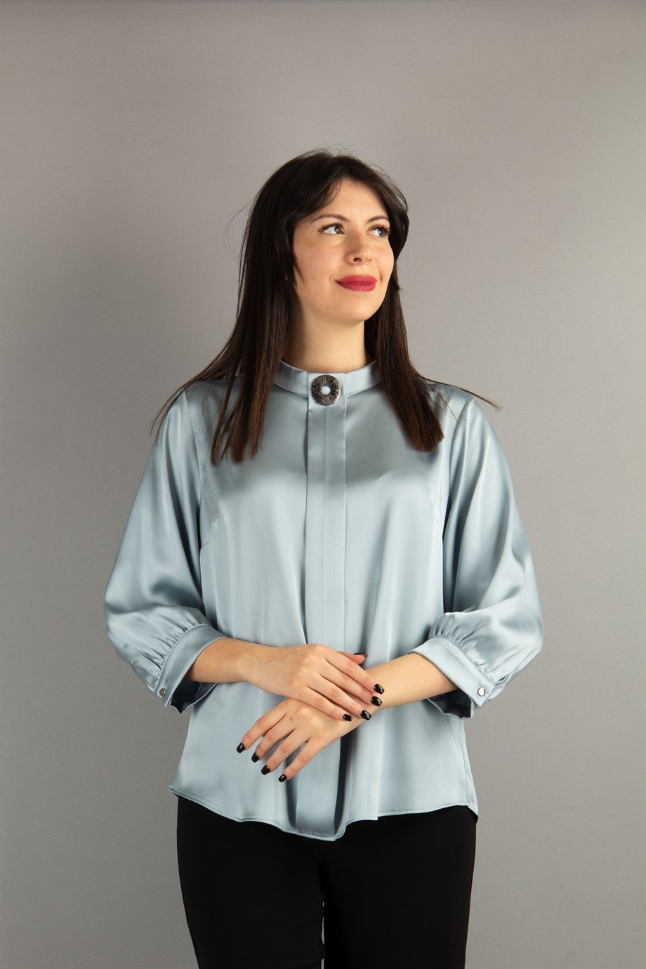 Brooch Detail Satin Blouse - Mint Green