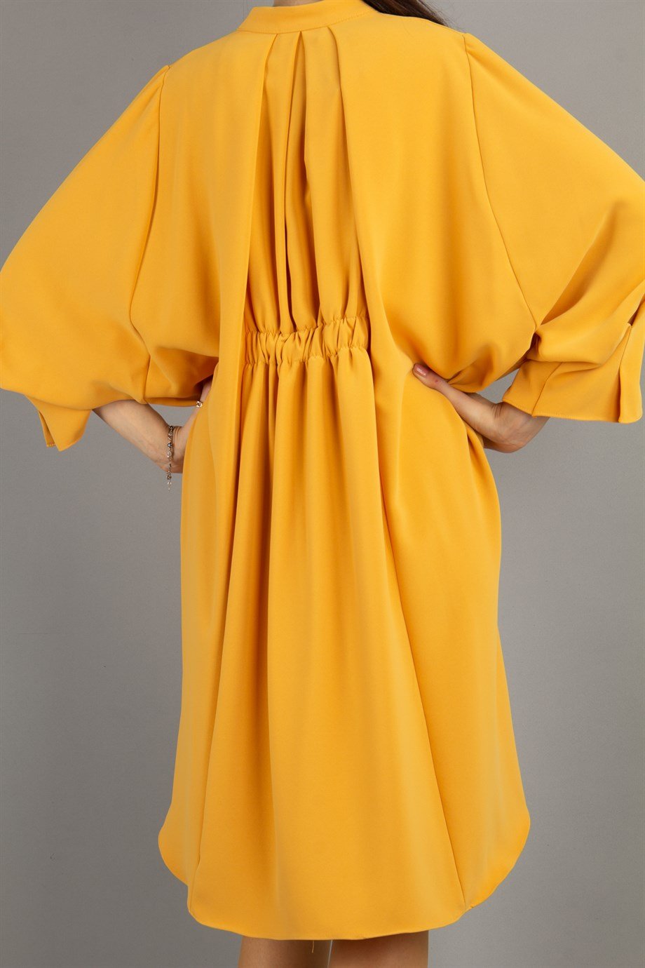 Brooch Neck Pleated Elastic Back Big Size Dress - Mustard
