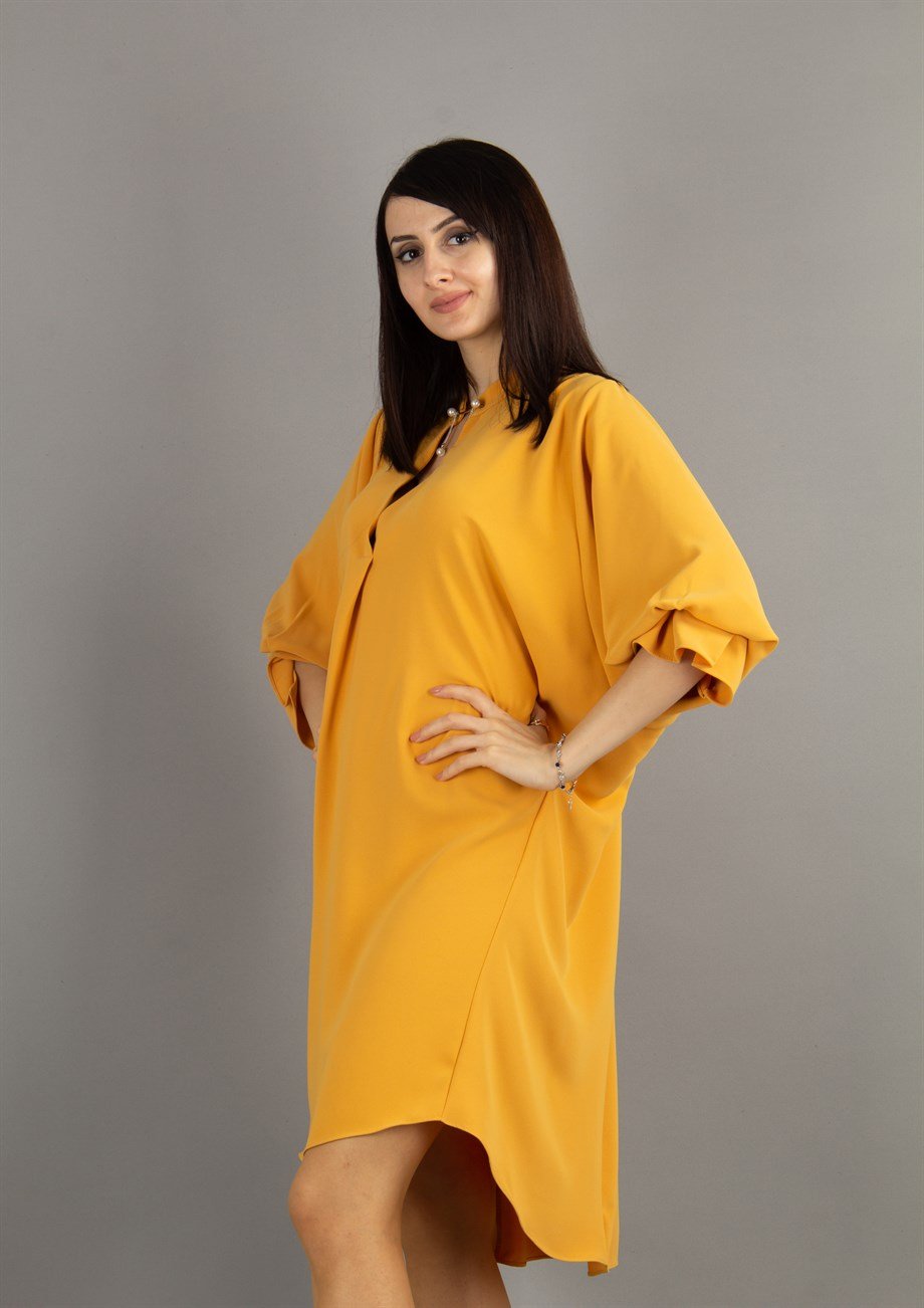 Brooch Neck Pleated Elastic Back Big Size Dress - Mustard