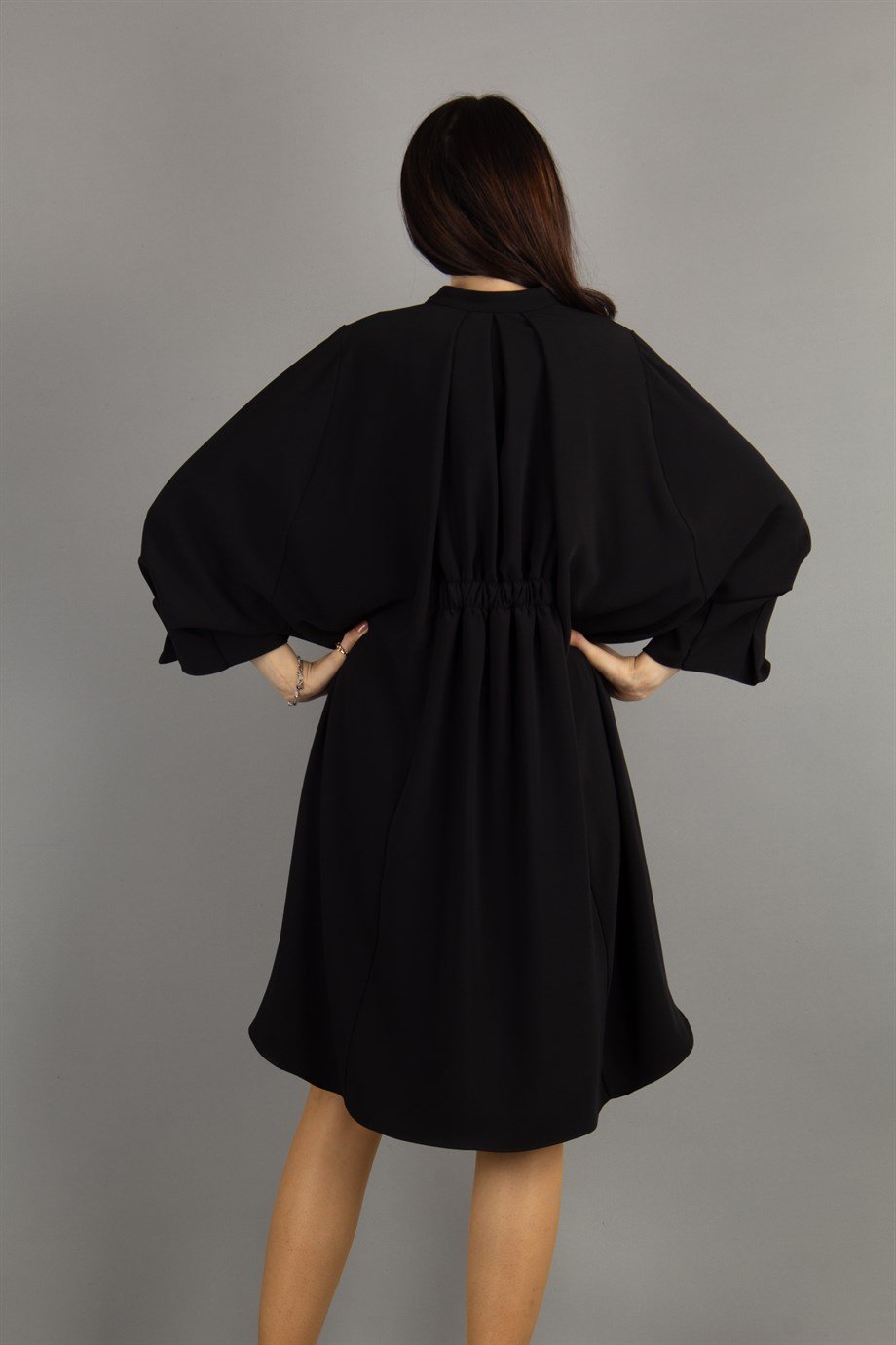 Brooch Neck Pleated Elastic Back Big Size Dress - Black
