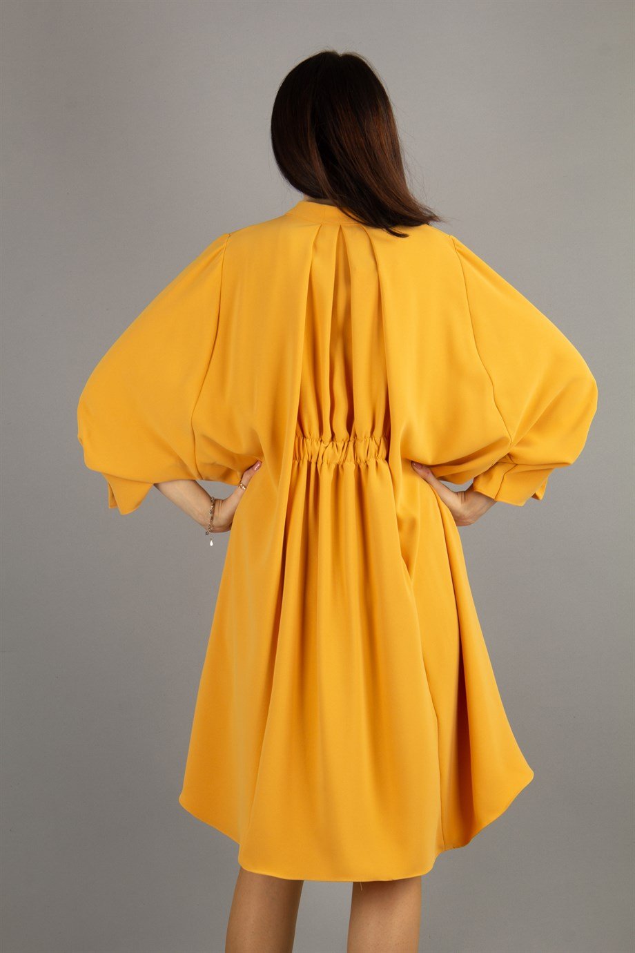 Brooch Neck Pleated Elastic Back Big Size Dress - Mustard