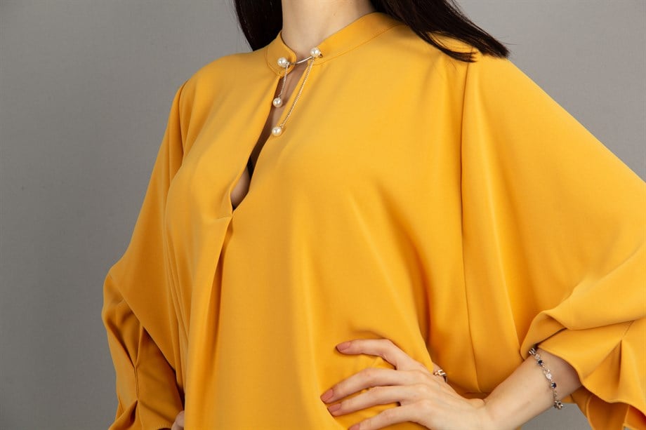Brooch Neck Pleated Elastic Back Big Size Dress - Mustard