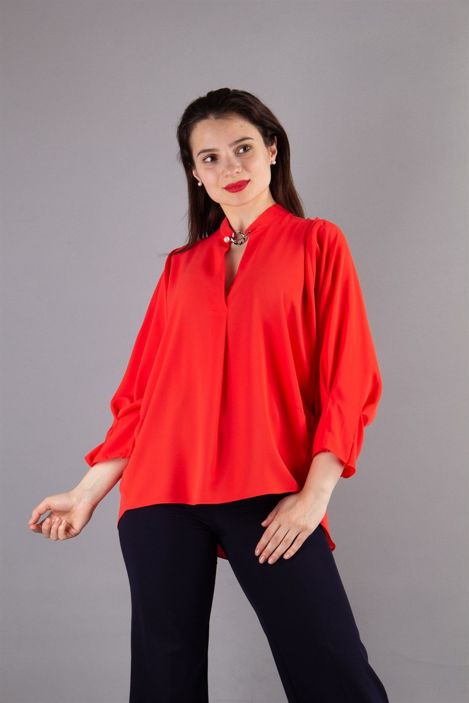 Brooch Neck Pleated Elastic Back Blouse - Coral
