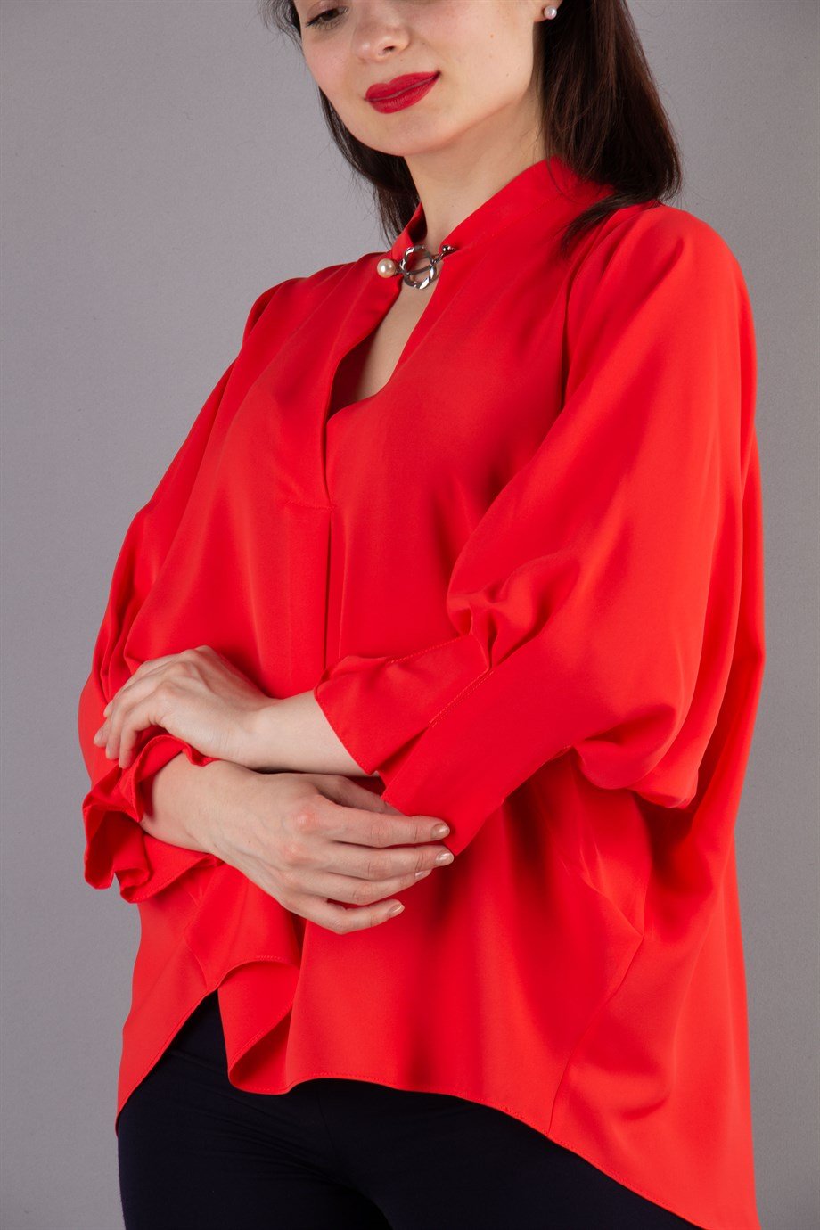 Brooch Neck Pleated Elastic Back Blouse - Coral