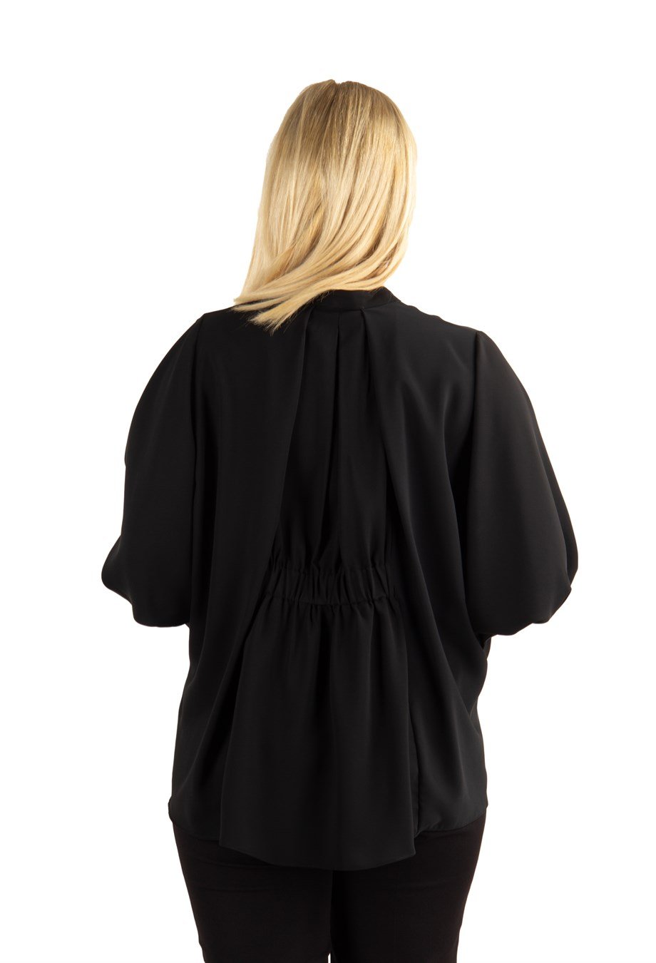 Brooch Neck Pleated Elastic Back Blouse - Black