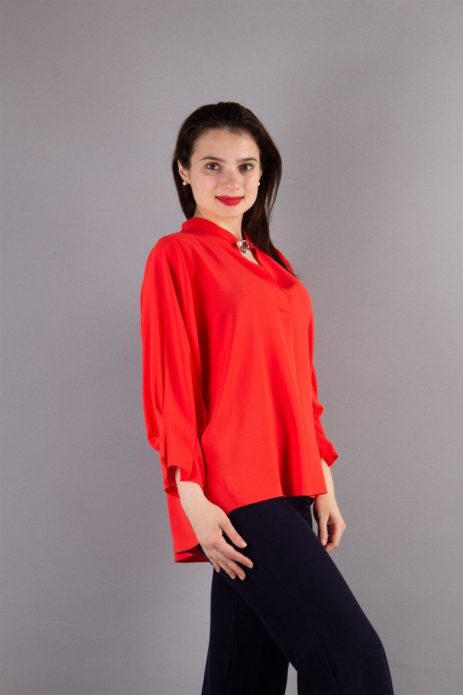 Brooch Neck Pleated Elastic Back Blouse - Coral