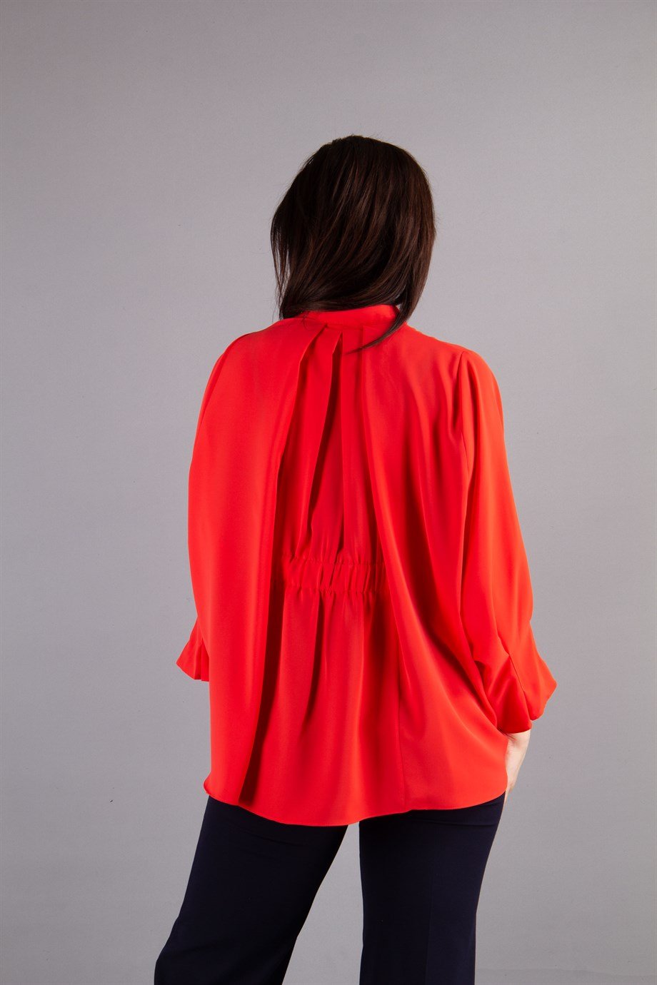 Brooch Neck Pleated Elastic Back Blouse - Coral