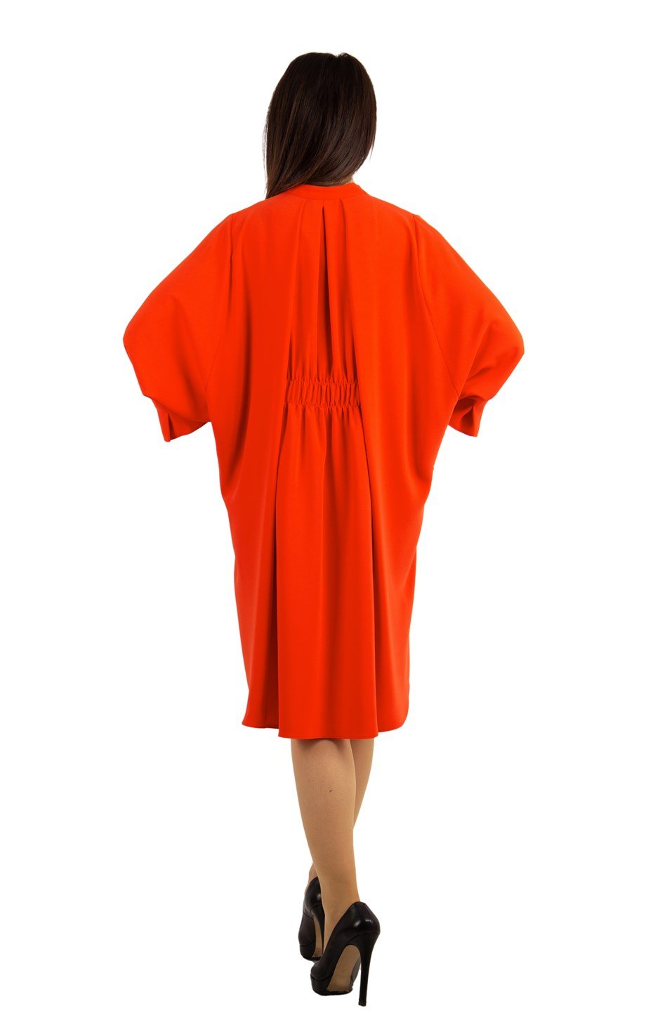 Brooch Neck Pleated Elastic Back Dress - Orange