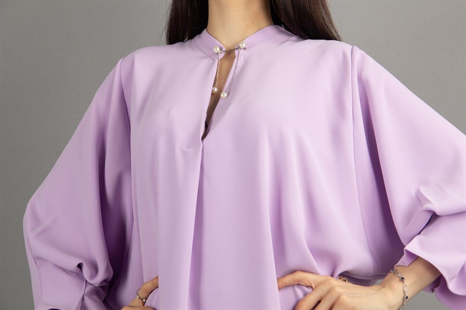 Brooch Neck Pleated Elastic Back Dress - Lilac