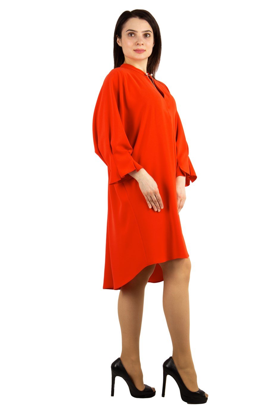 Brooch Neck Pleated Elastic Back Dress - Orange