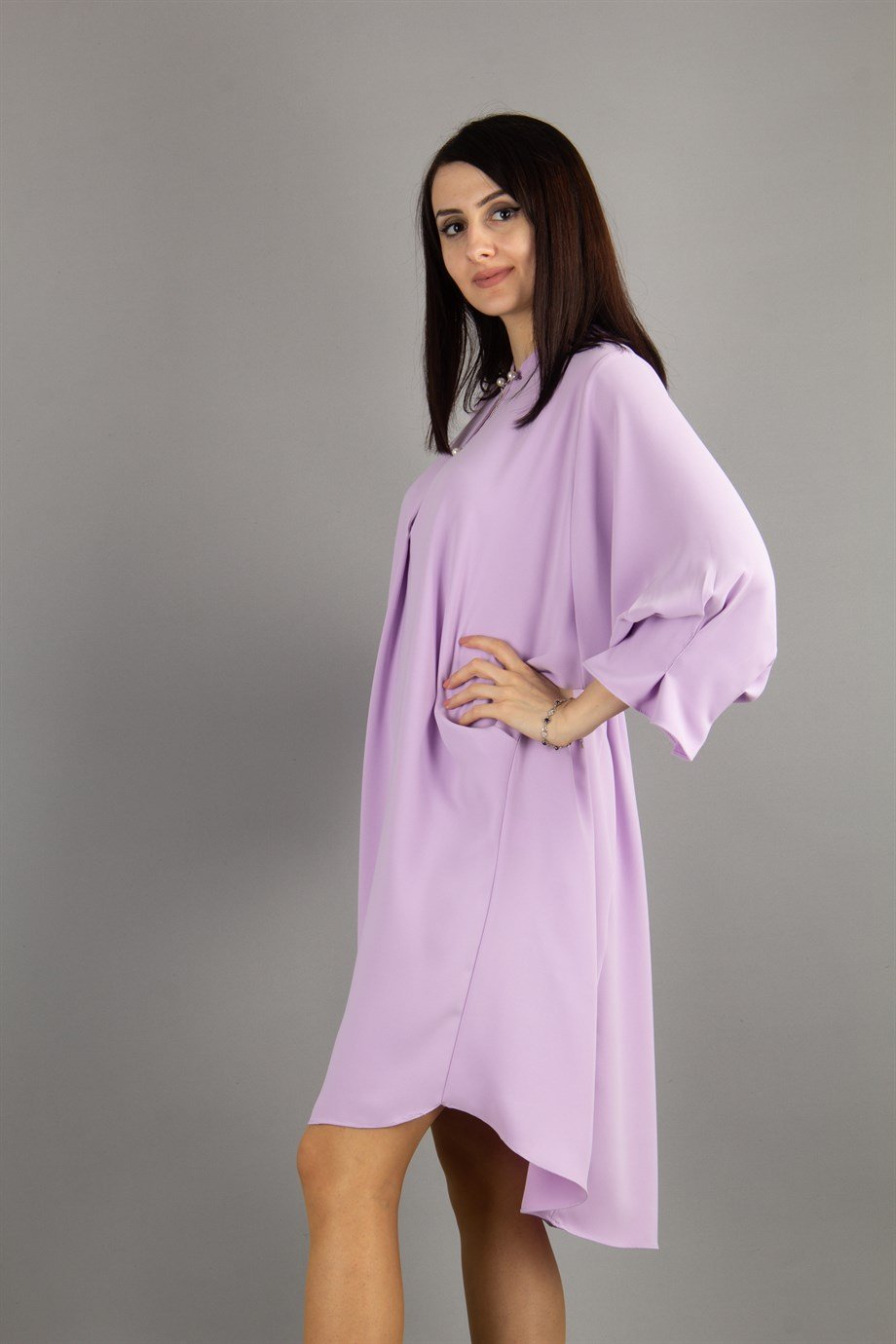 Brooch Neck Pleated Elastic Back Dress - Lilac