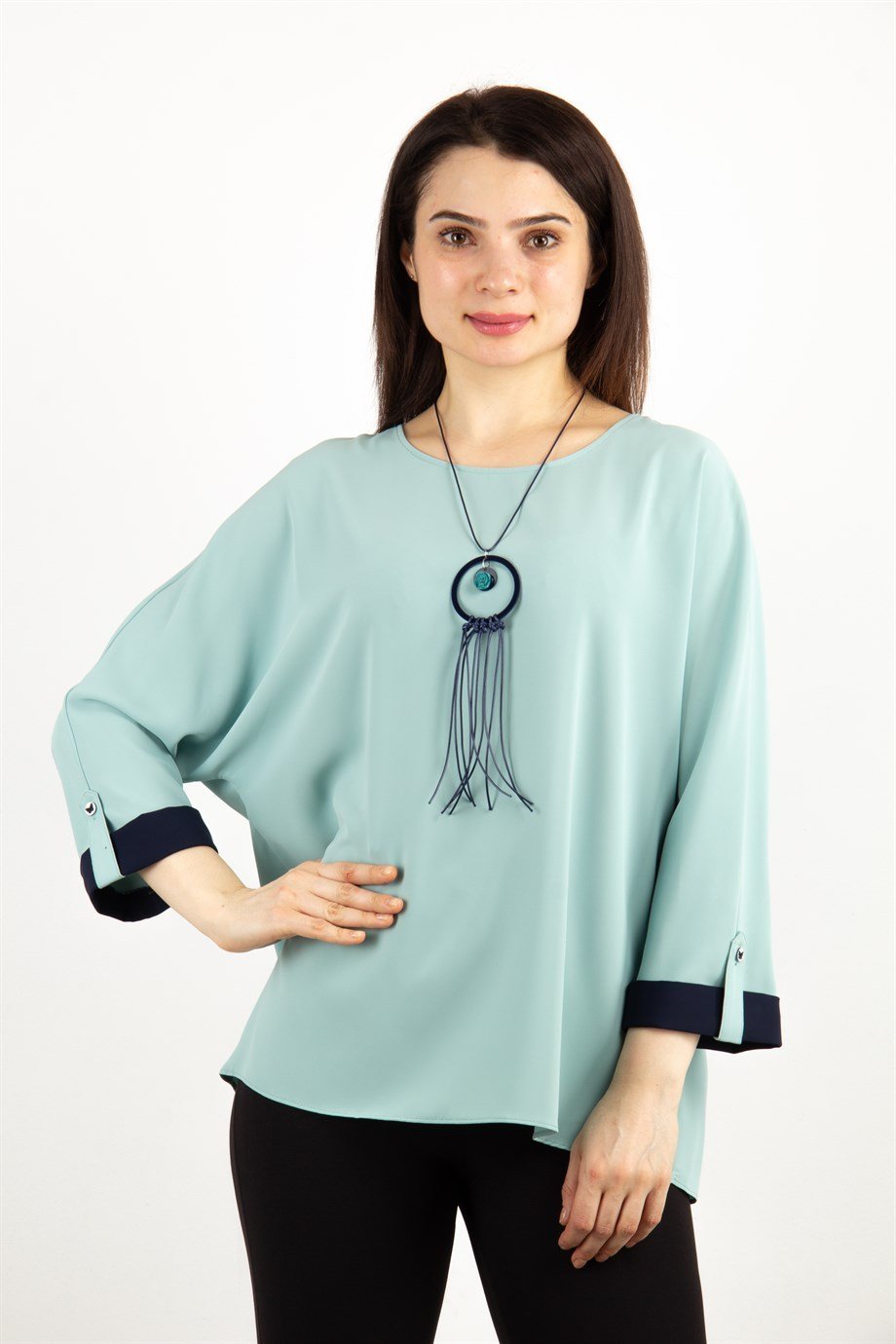 Button Back Boat Neck Blouse - Mint Green