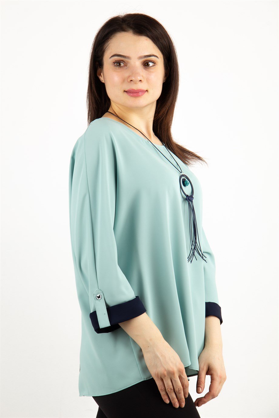 Button Back Boat Neck Blouse - Mint Green