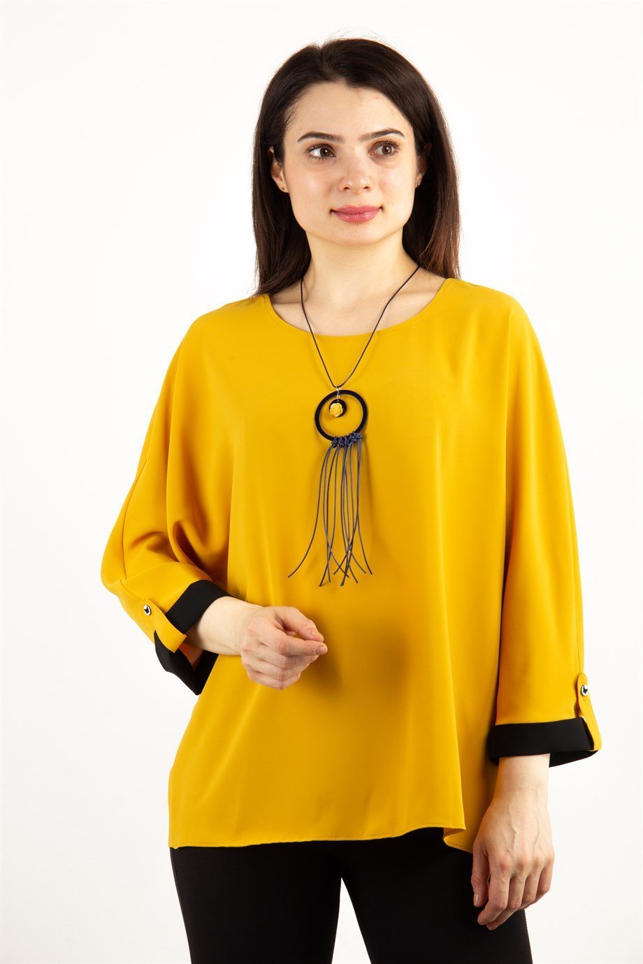 Button Back Boat Neck Blouse - Mustard