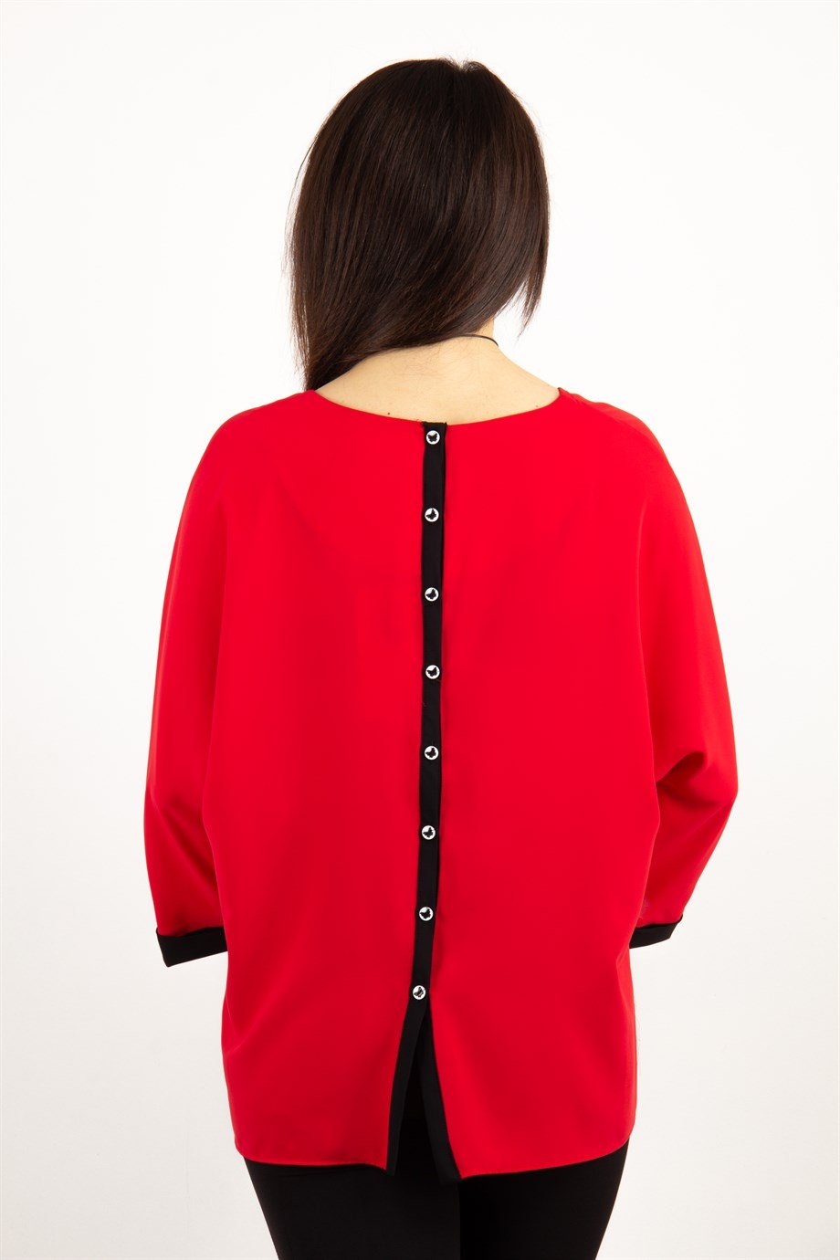 Button Back Boat Neck Blouse - Red