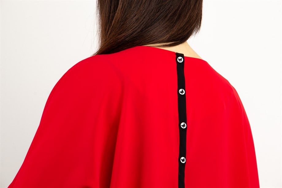 Button Back Boat Neck Blouse - Red