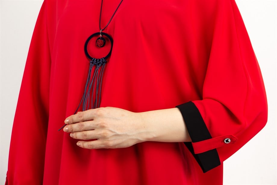Button Back Boat Neck Blouse - Red
