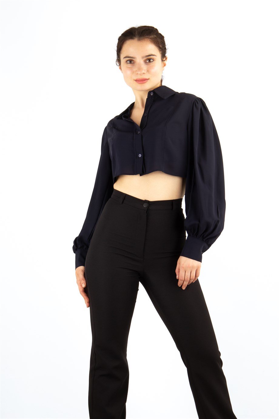 Buttoned Crop Top - Navy Blue