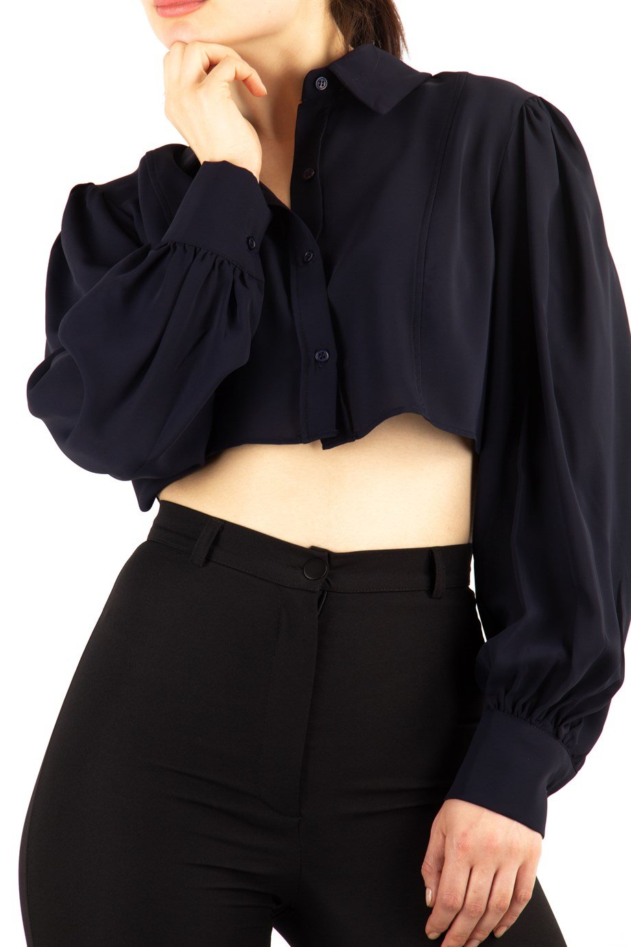 Buttoned Crop Top - Navy Blue