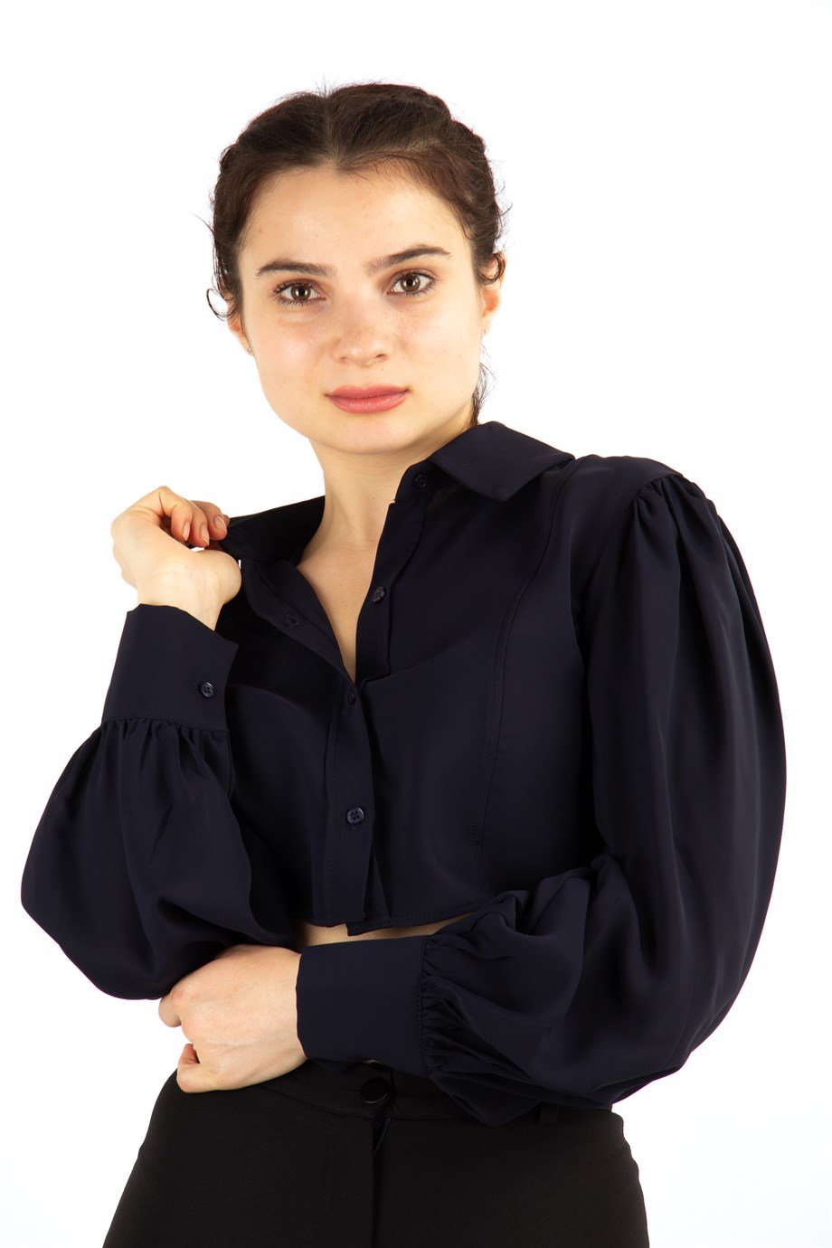 Buttoned Crop Top - Navy Blue