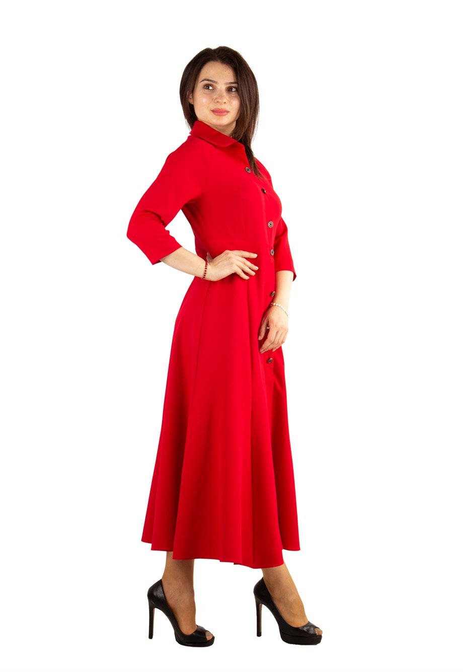 Buttoned Flare Midi Dress - Red