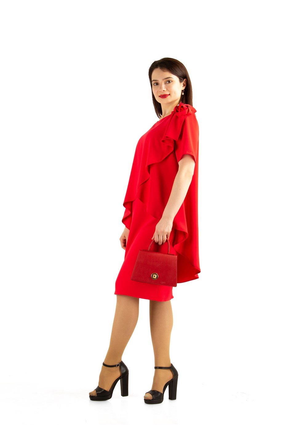 Cape Detail Dress With Flower Brooch - Red