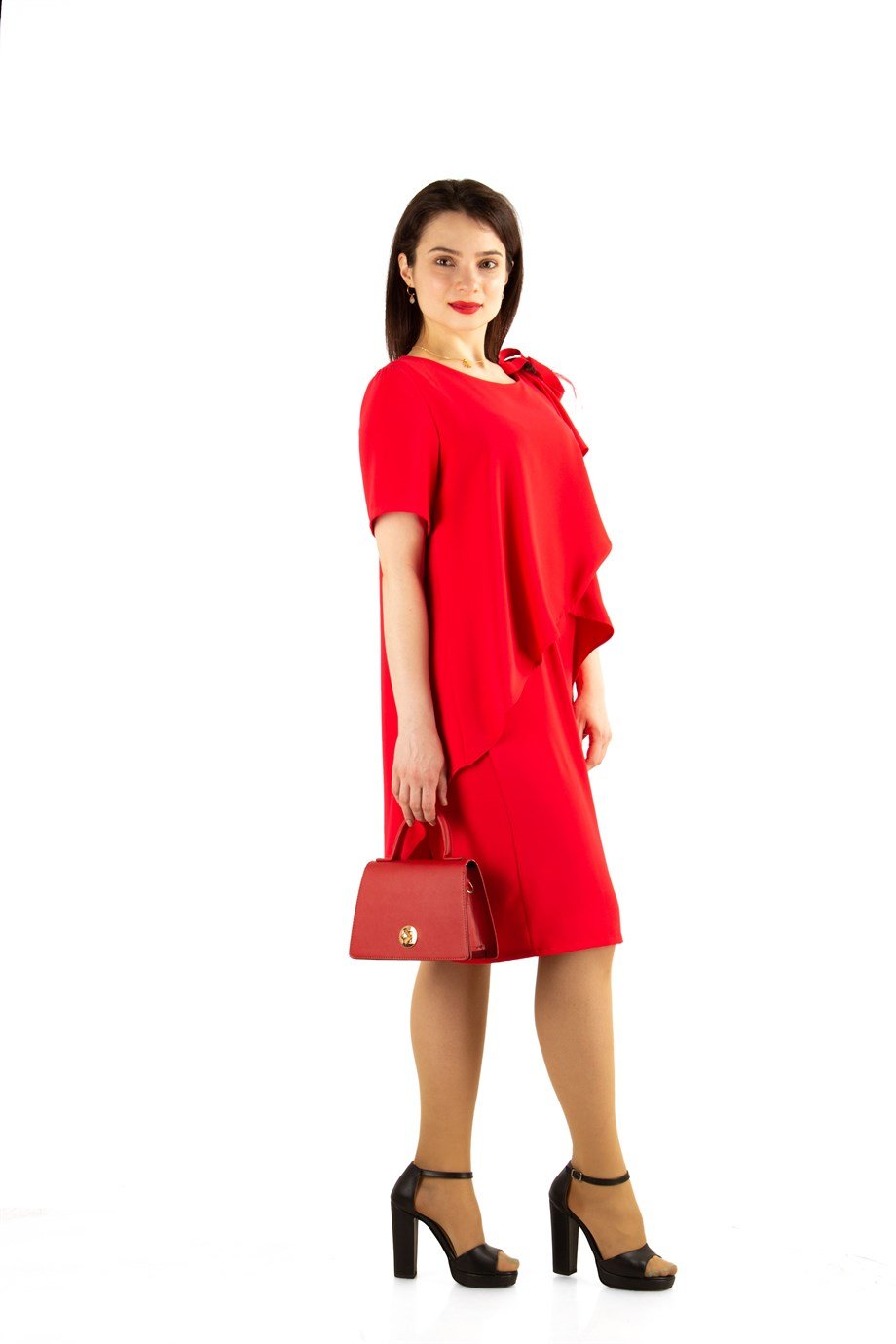 Cape Detail Dress With Flower Brooch - Red