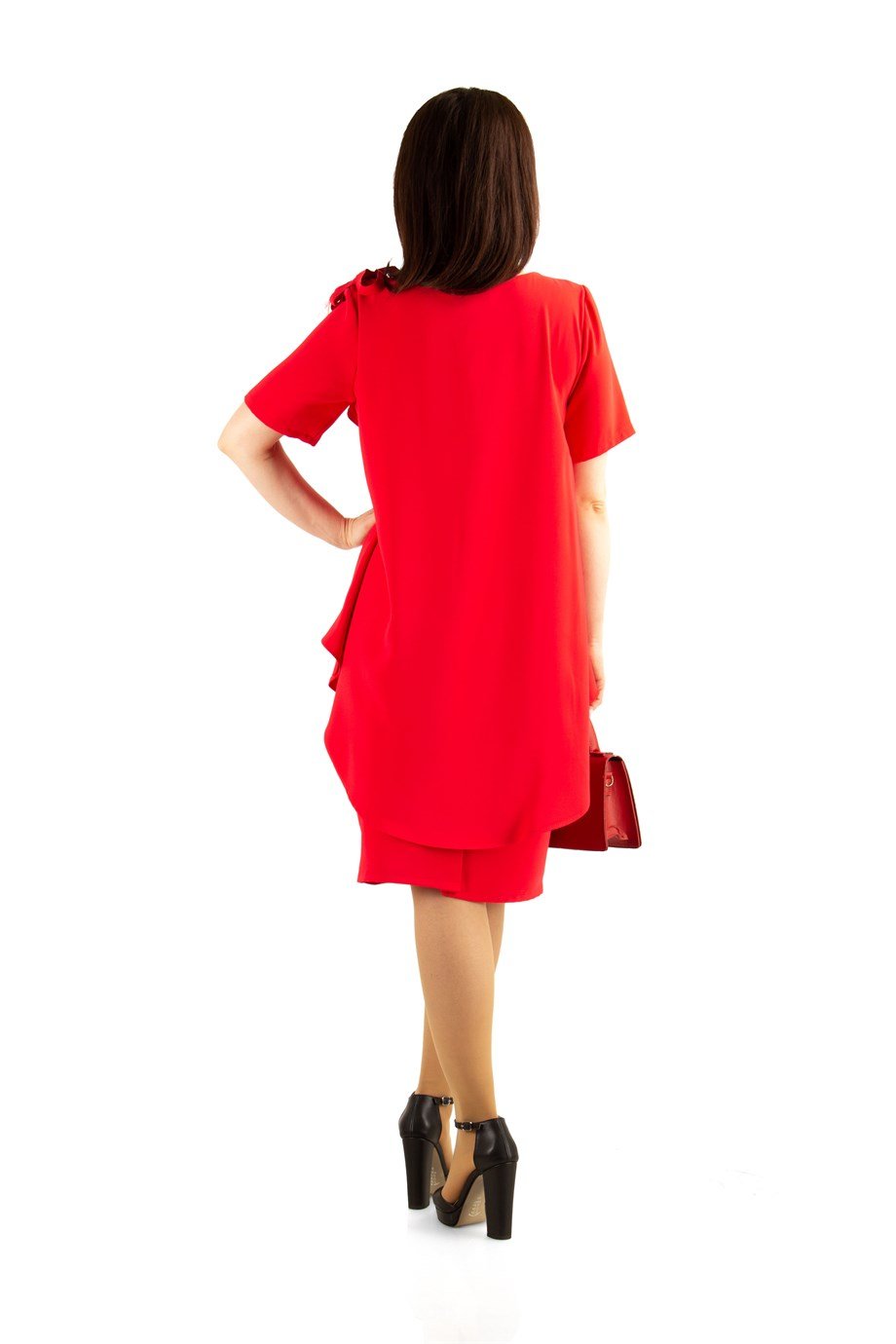 Cape Detail Dress With Flower Brooch - Red
