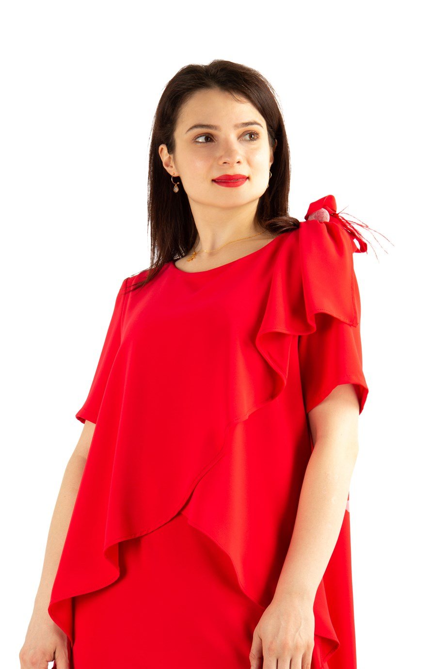 Cape Detail Dress With Flower Brooch - Red