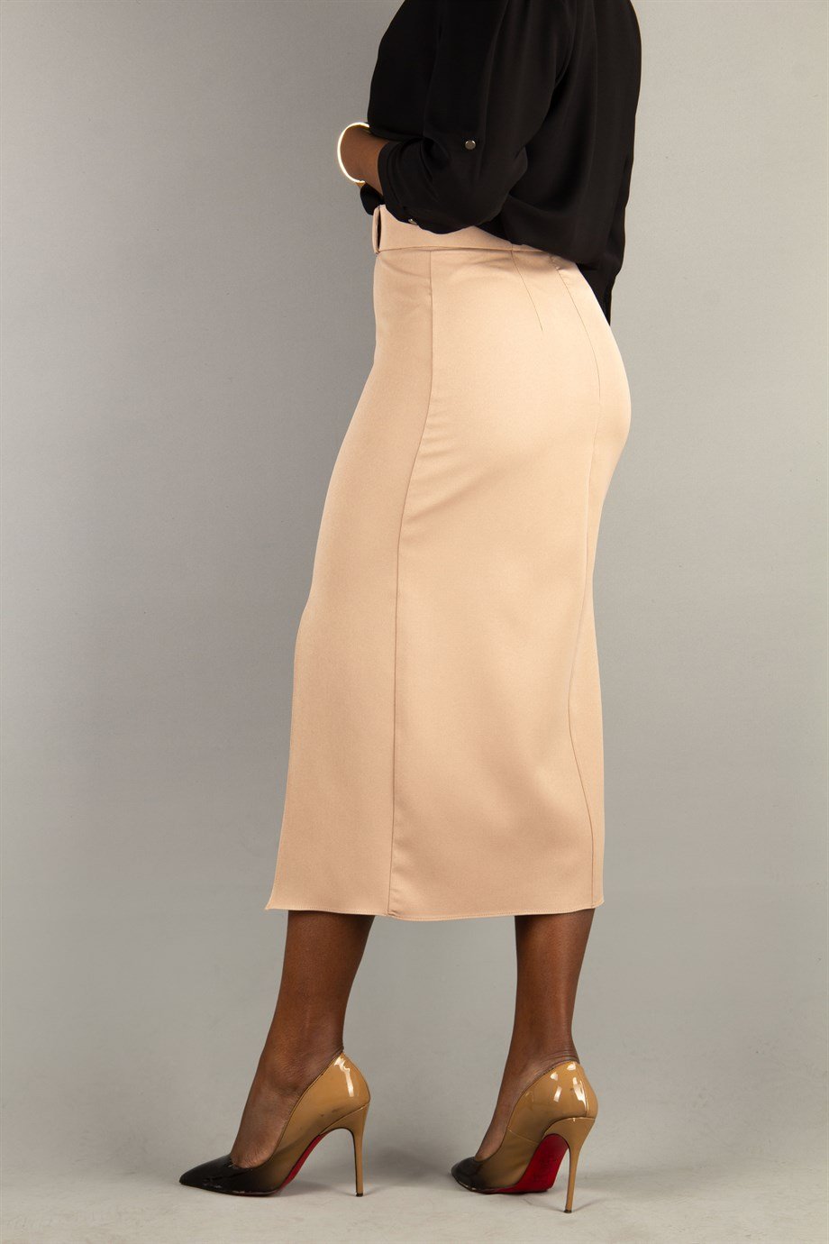 Classic Big Size Skirt Side Slit With Matching Belt - Mink