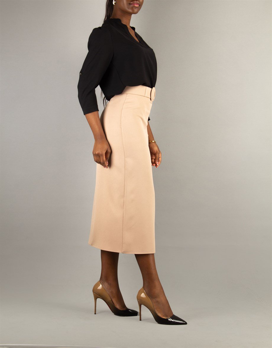 Classic Big Size Skirt Side Slit With Matching Belt - Mink