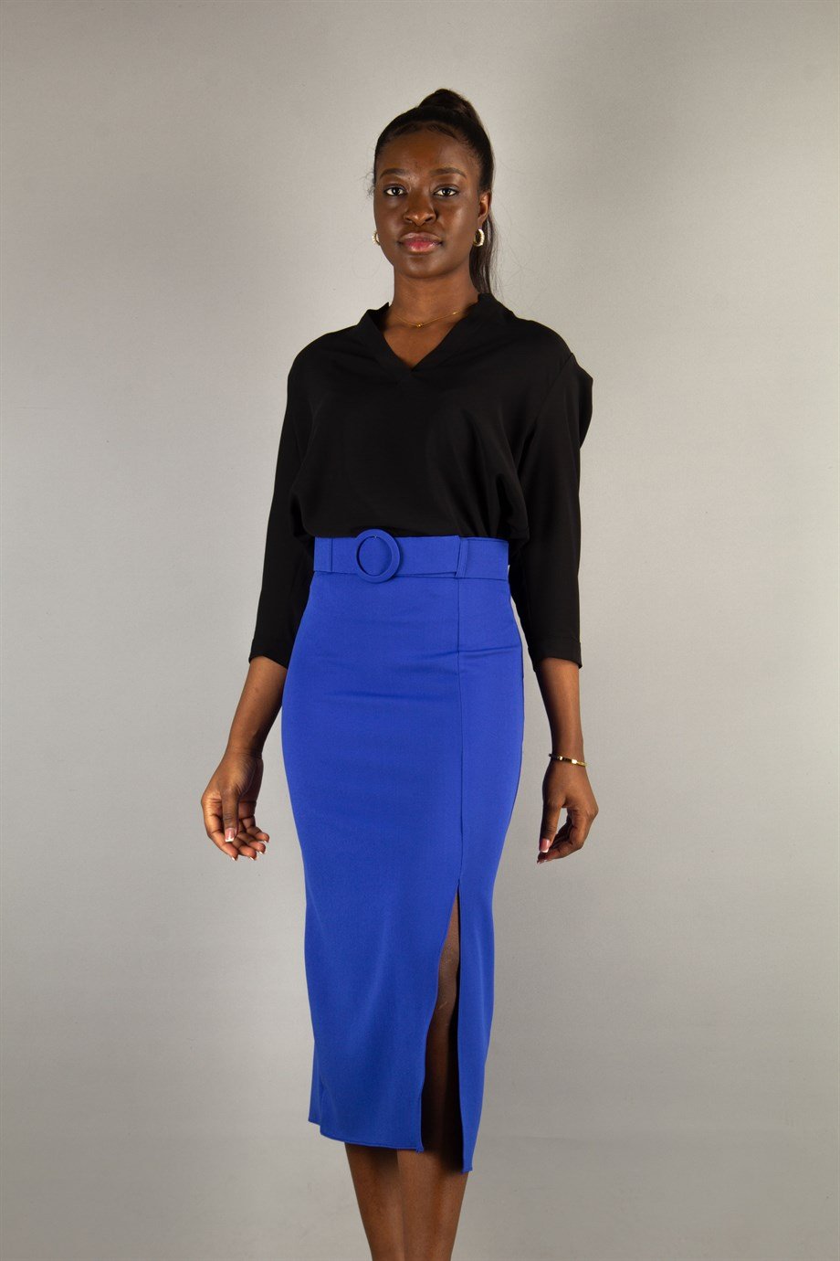 Classic Big Size Skirt Side Slit With Matching Belt - Saxe