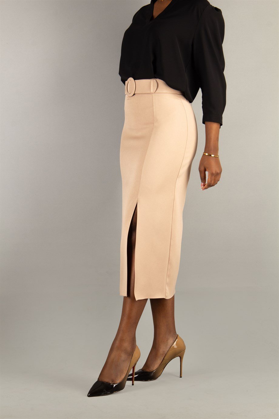 Classic Big Size Skirt Side Slit With Matching Belt - Mink