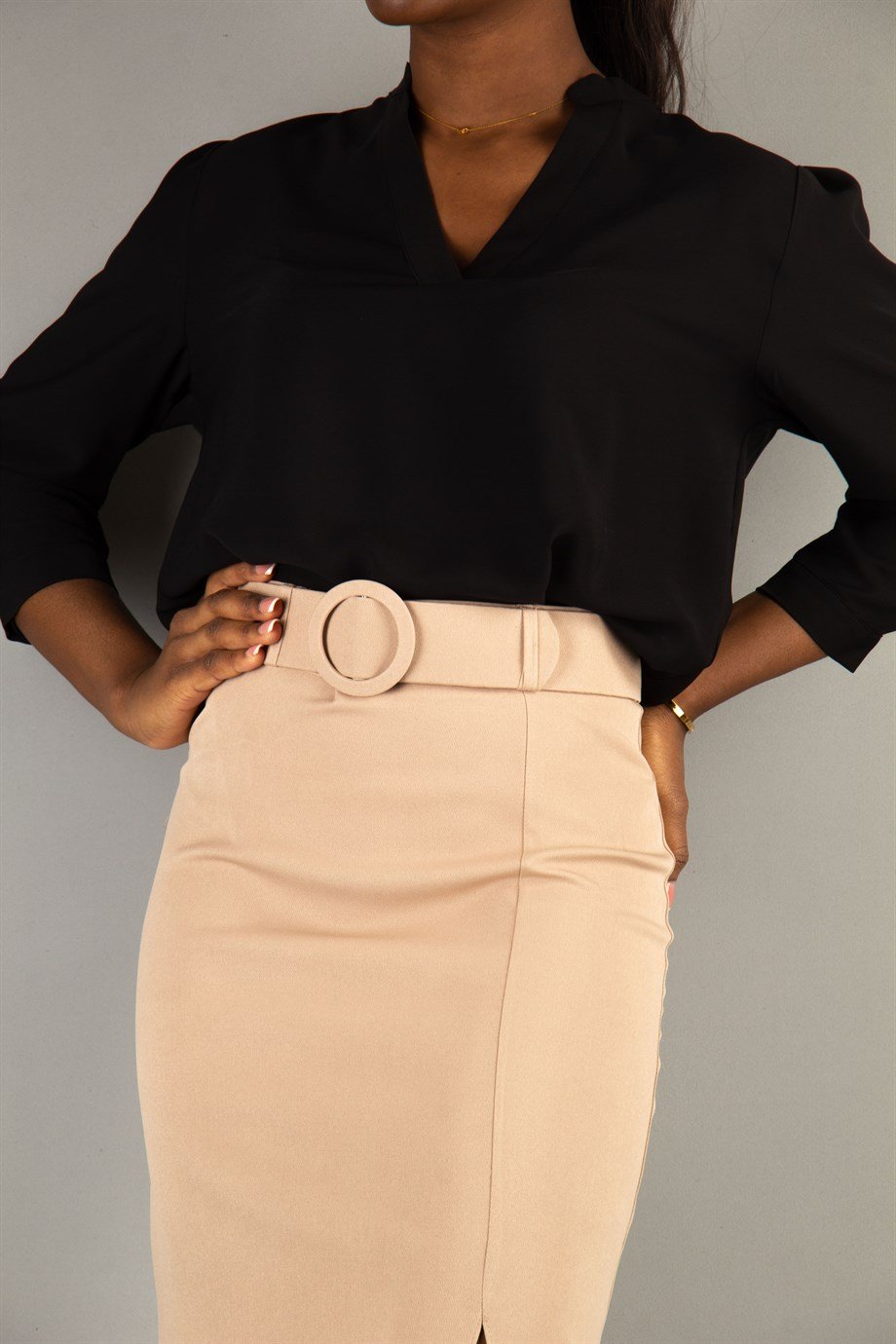 Classic Big Size Skirt Side Slit With Matching Belt - Mink