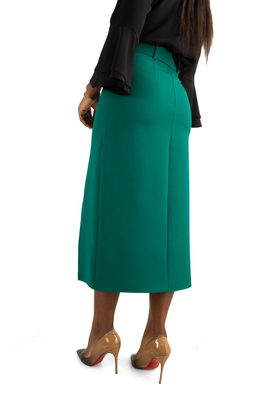 Classic Skirt Side Slit With Matching Belt - Emerald Green