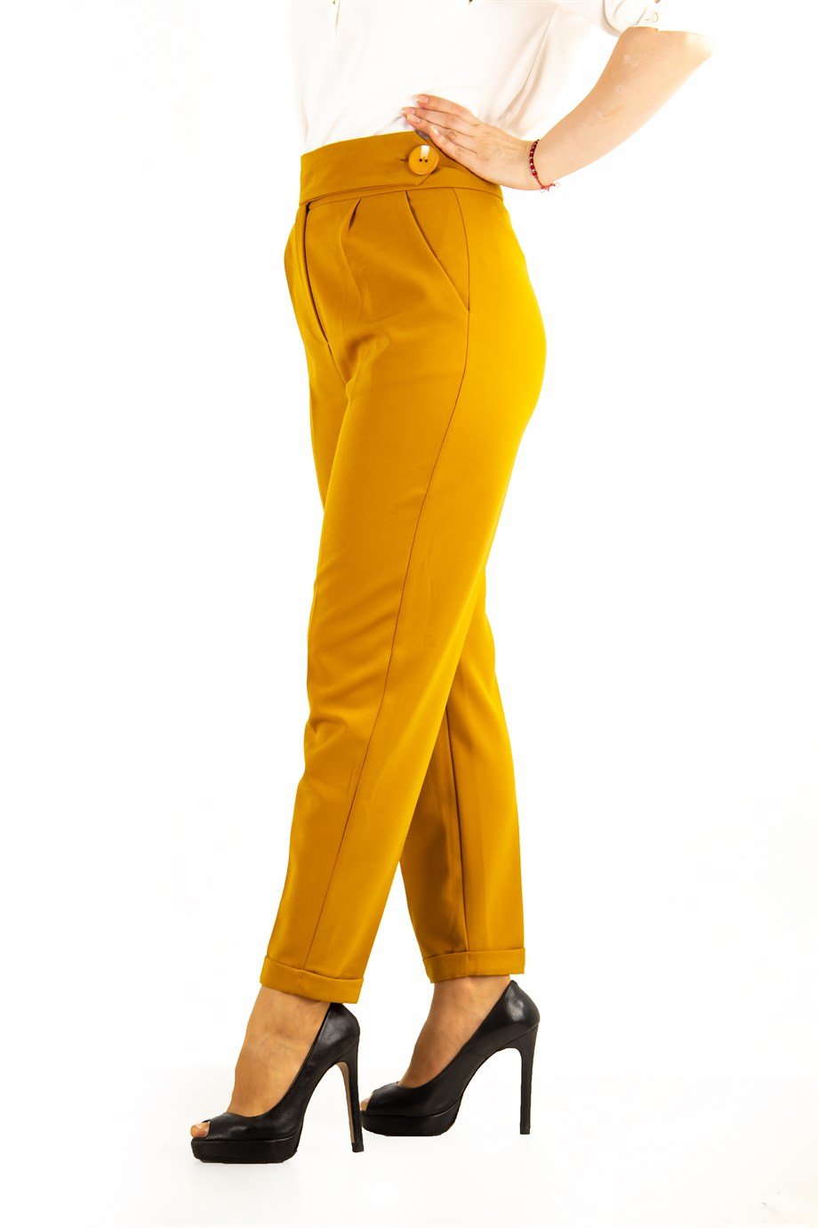 Classic Trouser With Folded Hem Side Button - Mustard